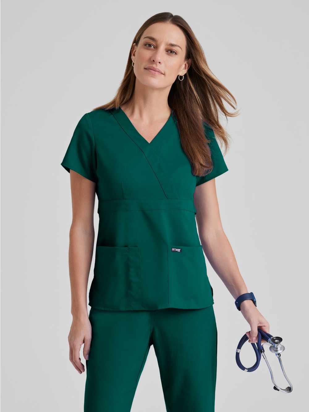 NWT Medium Grey's Anatomy by Barco Riley Mock Wrap Scrub Top - Hunter Green 4153